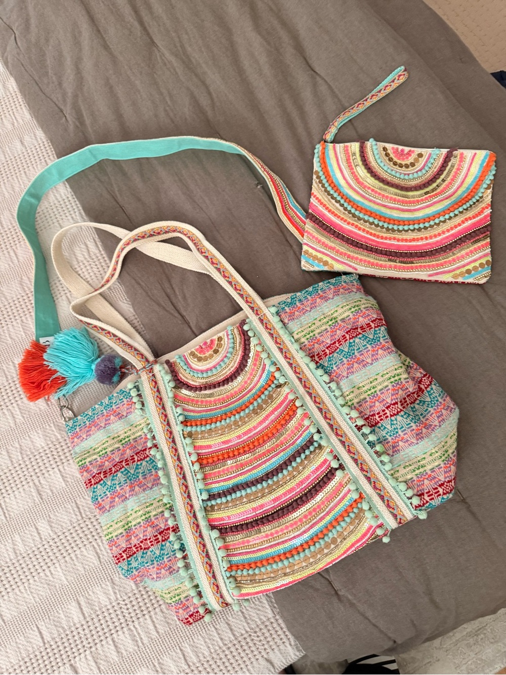 Multicolor Boho Embroidered Tote with Turquoise Accent and Wristlet